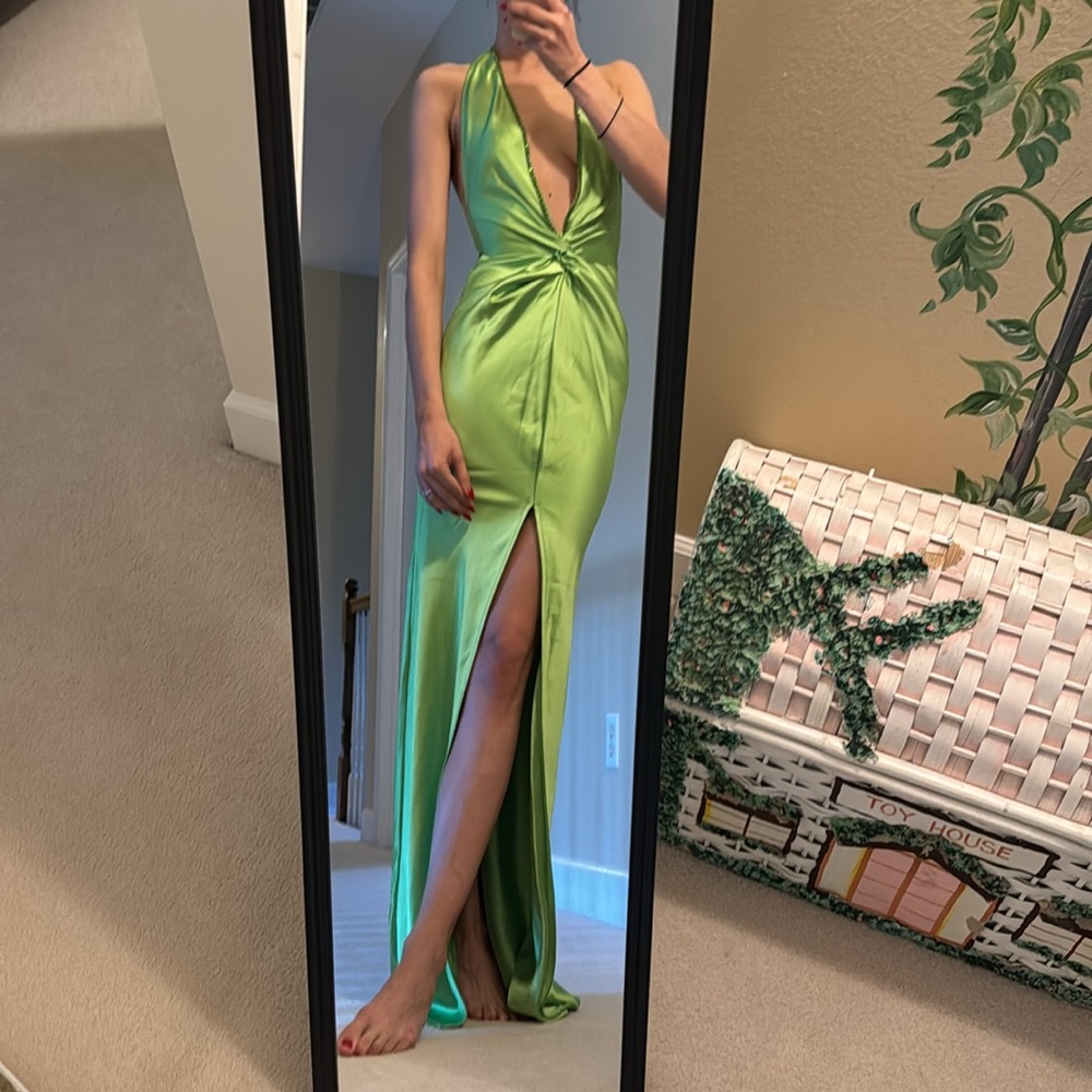 Khanums X Revolve Halter Gown With Slit in Pear Green